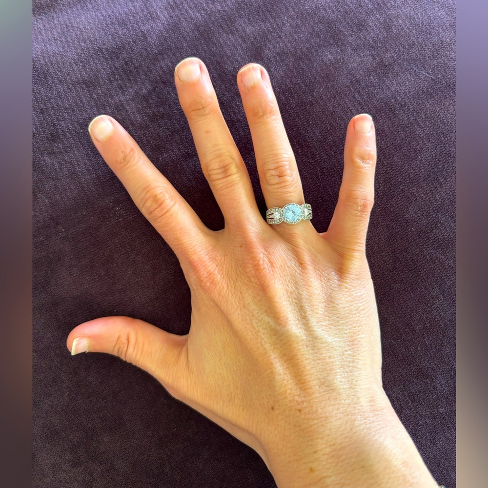 White Gold Plated Women's Ring With Clear and Periwinkle Blue Gemstones